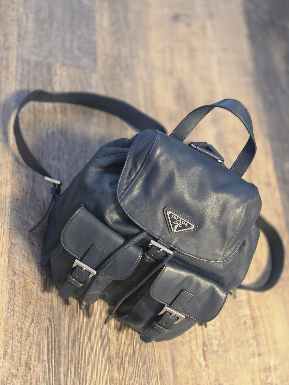 Prada Navy Blue Leather Silver Hardware Purse Small Backpack Pockets Adjustable